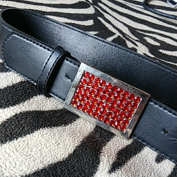 Vintage Accessories - 90s Belt With Red Rhinestones Buckle